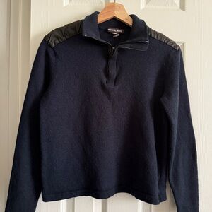 Men's Navy Half-Zip Felt Sweater with Leather Shoulder Panels and Elbow Pads
